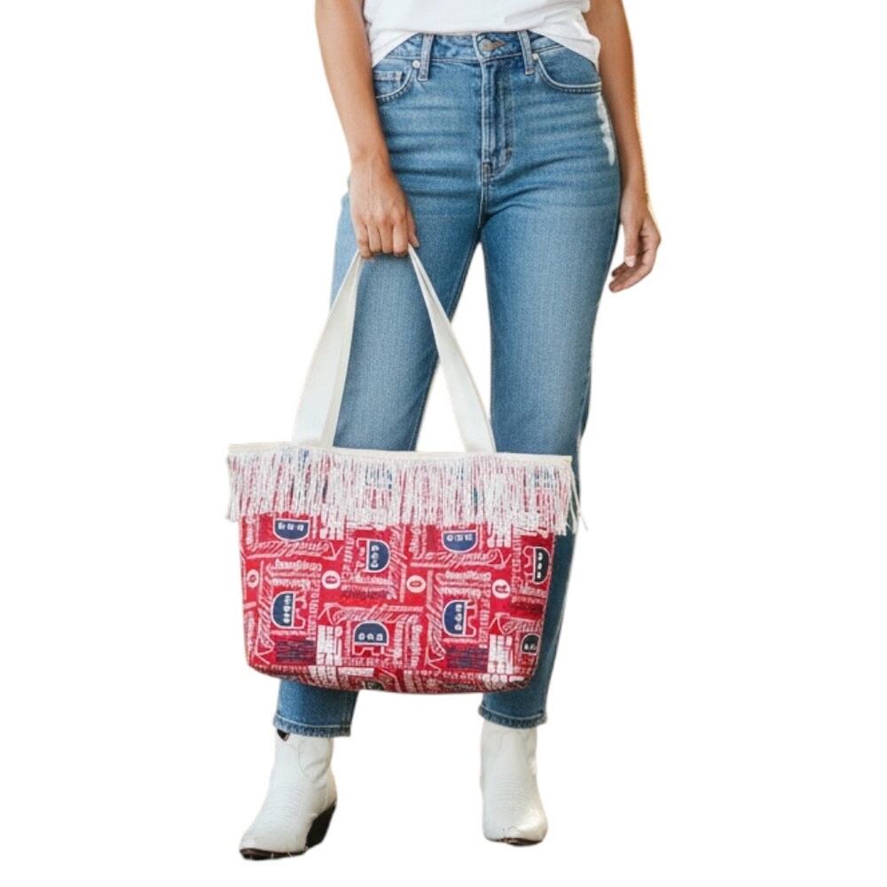 Republican Themed Fringed Handmade Womens Tote Handbag Blue Red Western